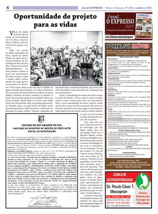 6                                                                                     Jornal O EXPRESSO | Sábado e Domingo, 27 e 28 de outubro de 2012



         Oportunidade de projeto
              para as vidas
     V    indo da cidade
          de Natal-RN, há
quase um ano residindo
em Cruz Alta, o maestro
Marcos Ribeiro, vem in-
centivando grupos mu-
sicais.                                                                                                            PORTAL SUL IMÓVEIS




                                                                                                                                                                                      Creci/RS 37.181
     Após um convite                                                                                               Venha nos visitar deixe seu patrimônio conosco
da Igreja Assembleia de                                                                                            garantimos transparência e o melhor negócio.
Deus, através do Pastor                                                                                                      Temos assessoria Jurídica.
                                                                                                                                      AREAS RURAIS PARA VENDA
Olvino, foi dado início a                                                                                            CRUZ ALTA-RS
escola de Música da As-                                                                                             -105 há 600 sacas de soja 1+3 pagamentos sem benfeitorias.
                                                                                                                    -50 há para venda +15 para arrendo 550 sacas de soja
sembleia de Deus de Cruz                                                                                           1+2pagamentos 15 sc arrendo p/há sem benfeitorias.
Alta. “Estamos formando                                                                                             -340 há 500sacas o há com benfeitoria condições a combinar.
                                                                                                                    IACAPETUM-RS
aproximadamente         se-                                                                                         -420 há area padrão alta produtividade 320 sacas de soja avista p/
tenta músicos, dentre os                                                                                           há ou 400 sacas 1+2 PAGAMENTO.
quais com instrumentos                                                                                              CAPÃO DO CIPO-RS
                                                                                                                    -350 há 450 sacas e arrenda 250 há a 10 sacas com benfeitoria entr.
de cordas (violinos, violas                                                                                        Mais 4 pagamentos prox do asfalto
e violões cellos), instru-                                                                                          TUPANCIRETÃ-RS
                                                                                                                    -120 há vende 800 arrenda o restante em um quadro só venda 450
mentos de sopro geral e                                                                                            sacas de soja há 15 sacas o arrendo e condições á combinar.
instrumentos de harmo-                                                                                              SAlTO DO JACUI-RS
                                                                                                                    -1020 há á 450 sacas o há fazenda belíssima completa condições
nia. O foco maior destas aulas são para o trabalho na   repertório para a estreia da orquestra, que será no dia    a combinar.
igreja, fazendo apresentações em cultos e festivida-    16 de dezembro, onde cada aluno fez a aquisição dos         SÃO BORJA-RS
                                                                                                                    -500 há completa para venda e arrenda 500 região de mercedes
des, mas posteriormente podemos realizar em praça       seus instrumento.                                          condições a combinar.
pública consertos em datas natalinas ou festivas. É         Antes, a metodologia de ensino da música exigia         SANTIAGO
                                                                                                                    -900 HÁ com sede estrutura completa 10 mil o há planta 770há
muito bom interagir igreja com sociedade. Temos um      6 meses estudando a teoria, mais 6 meses na parte          entrada mais 3 pagamentos.
limite de idade, sendo desde os 12 anos, para idade     rítmica e mais 6 meses para iniciar no instrumento.         -280 há sem sede para lavoura planta 250 há valor 280 sacas belís-
maior não temos limite. Hoje, são muitas pessoas ido-   Hoje, a nova metodologia de ensino coletivo, sendo         sima propiedade 1 entrada mais 4 pagamentos
                                                                                                                    -420 há á 10 mil o há 4 pagamentos completa arrenda 940 há á 6
sas fazendo aulas, com uma mescla de idade, sendo       que em dois meses de teoria musical, dois meses na         sacas os primeiros dois anos depois 8 sacas por 10 anos o arrendo
que iniciaram desde o ABC da música, e hoje estão na    rítmica e mais dois meses para pegar no instrumento,       ou mais.
                                                                                                                    Girua
formação do grupo coletivo. Estamos ensaiando um        assim depois dos seis meses entra no ensino coletivo,       -Vende 700 há á 370 sacas por há á 110 km de cruz alta completa
                                                                                                                   condições a combinar.
                                                                                     ou seja, cerca de 8 meses      -Vende 205 há á 500 sacas 4 pagamentos e arrenda 160 há 10 sacos
                                                                                     já estão aprendendo a to-     a 4 km com benfeitoria
                                                                                     car”, diz o maestro.           PALMEIRA DAS MISSÕES-RS EM BREVE TEREMOS 8 MIL HÁ PARA VEN-
                                                                                                                   DA EM VARIOS TAMANHOS TERRA DE ALTA PRODUÇÃO CONSULTE-NOS
                                                                                          Cruz Alta teve em         VARIAS AREAS NO ESTADO DO RIO GRANDE DO SUL REGIÃO DE
                                                                                     anos anteriores uma ban-      SANTA MARIA-RS
                                                                                                                     AREAS NA REGIÃO DE MATO GROSSO-MT
                                                                                     da municipal, que por          AINDA VARIAS AREAS NA REGIÃO DE CANARANA-MT CONSULTE-NOS...
                                                                                     algum tempo ficou in-                         IMÓVEIS URBANOS PARA VENDA
                                                                                     terrompida. Neste ano o         - CASA NA RUA ANDRADE NEVES PROXIMO MONUMENTO LENDA
                                                                                                                   DA PANELINHA CONSULTE-NOS.
                                                                                     Maestro Ribeiro aceitou        - CASA NA RUA SÃO PAULO PROXIMO DA ESCOLA BAIRRO CONCEI-
                                                                                     iniciar as atividades com a   ÇÃO VALOR 350 MIL
                                                                                                                    -APARTAMENTO PONCHE VERDE COBERTURA 240 MIL
                                                                                     Banda Municipal, usamos        -APARTAMENTO EDIFICIO JADE 180 MIL GRANDE.
                                                                                     a mesma metodologia só         -APARTAMENTO EDIFICIO VAN GOHG 260 MIL.
                                                                                                                    -APARTAMENTO NO CENTRO NA PROCOPIO GOMES NOVO 200 MIL.
                                                                                     que com os instrumen-                                  CHACARA
                                                                                     tos do município. O local      -A 2 KM DA CIDADE 6 HÁ COM BENFEITORIA BOA LOCALIZAÇÃO
                                                                                     dos ensaios é a Casa de       VALOR 160 MIL.
                                                                                                                                       TERRENOSPROXIMO
                                                                                     Cultura Justino Martins,       - TERRENO 22X22 TODO MURADO NA XAVANTES 100 MIL.
                                                                                     com uma média de 32            - TERRENOS PROXIMO DA EASA BARBADA.
                                                                                     músicos. Também já está
                                                                                                                                Rua Andrade Neves, 900
                                                                                     agendada a estreia dessa
                                                                                                                       Fones: 3322-5390, 9629-9908 e 8145-3010
                                                                                     nova formação, para o         FILIAL: Santa Maria Faixa Velha de Camobi RS 509
                                                                                     dia 04 de dezembro. “Em                  Nº 8305 - FONE 55 9918 6251
                                                                                     todos os dois projetos são
                                                                                     sem ônus, onde trabalha-
                                                                                     mos também com aulas
                                                                                     grátis, tanto na Igreja,
                                                                                     quanto na Banda Muni-
                                                                                     cipal, oportunizando os
                                                                                     jovens a participarem do
                                                                                     projeto em crescimento
                                                                                     profissional para as suas
                                                                                     vidas”, finaliza Marcos.
                                                                                          O maestro é formado
                                                                                     em bacharel em música, com
                                                                                     extensão em canto, onde
                                                                                     está se preparando para um
                                                                                     Mestrado na Argentina.
 