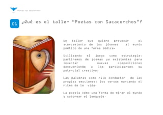 Poetas con sacacorchos
01
01 ¿Qué es el taller “Poetas con Sacacorchos”?
Un taller que quiere provocar el
acercamiento de los jóvenes al mundo
poético de una forma lúdica.
Utilizando el juego como estrategia,
partiremos de poemas ya existentes para
inventar nuevas composiciones
descubriendo a los participantes su
potencial creativo.
Las palabras como hilo conductor de las
propias emociones, los versos marcando el
ritmo de la vida.
La poesía como una forma de mirar el mundo
y saborear el lenguaje.
 