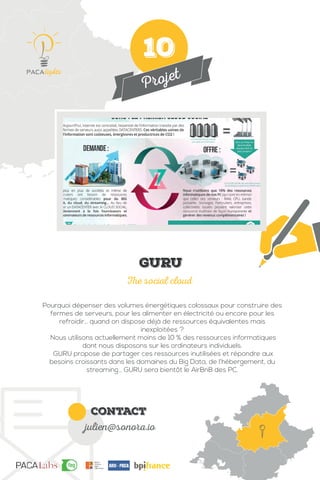 Projet
contact
julien@sonora.io
Pourquoi dépenser des volumes énergétiques colossaux pour construire des
fermes de serveurs, pour les alimenter en électricité ou encore pour les
refroidir… quand on dispose déjà de ressources équivalentes mais
inexploitées ?
Nous utilisons actuellement moins de 10 % des ressources informatiques
dont nous disposons sur les ordinateurs individuels.
GURU propose de partager ces ressources inutilisées et répondre aux
besoins croissants dans les domaines du Big Data, de l’hébergement, du
streaming... GURU sera bientôt le AirBnB des PC.
The social cloud
GURU
10
 