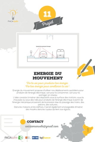 Projet
contact
cozziemanuele@gmail.com
Energie du mouvement propose d’utiliser nos déplacements quotidiens pour
produire de l’énergie électrique, soit pour la consommer, soit pour la
partager en réseau.
L’idée consiste à insérer des dispositifs sous la surface des trottoirs, sous la
chaussée ou sous des rails pour produire de l’énergie électrique à partir de
l’énergie mécanique provenant de la pression due au passage des trains, des
piétons, des voitures…
Dans les maisons et les édifices, il serait également envisageable d’insérer
des moulins dans les tuyaux qui lient aux égouts.
Vie ta vie pour produire ton énergie.
Vie ton énergie pour améliorer ta vie !
IMG
Energie du
mouvement
11
 