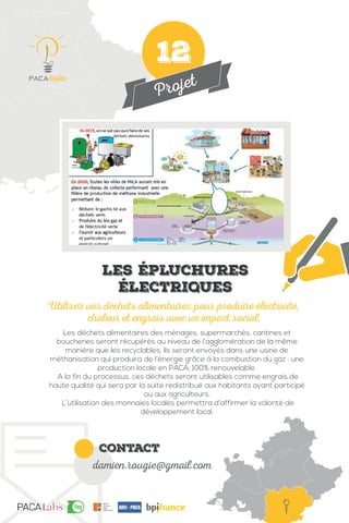 Projet
contact
damien.rougie@gmail.com
Les déchets alimentaires des ménages, supermarchés, cantines et
boucheries seront récupérés au niveau de l’agglomération de la même
manière que les recyclables. Ils seront envoyés dans une usine de
méthanisation qui produira de l’énergie grâce à la combustion du gaz : une
production locale en PACA, 100% renouvelable.
A la fin du processus, ces déchets seront utilisables comme engrais de
haute qualité qui sera par la suite redistribué aux habitants ayant participé
ou aux agriculteurs.
L’utilisation des monnaies locales permettra d’affirmer la volonté de
développement local.
Utilisez vos déchets alimentaires pour produire électricité,
chaleur et engrais avec un impact social.
IMG
Les épluchures
électriques
12
 