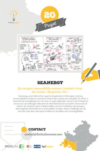 Projet
contact
contact@lacharbonnerie.com
Seanergy veut démontrer que la récupération d’énergies marines
renouvelables (houle et courants) à bord des navires est possible. En effet, si
l’autonomie énergétique en mer est un sujet déjà bien couvert par l’industrie,
le recours aux énergies «bleues» (et abondantes) est souvent contourné en
faveur de solutions plus traditionnelles comme l’utilisation de groupes
électrogènes alimentés en combustibles fossiles. Notre challenge est de
prouver que des voies plus simples et durables sont envisageables.
Les énergies renouvelables marines s’invitent à bord
des navires. Récupérons-les !
IMG
SEANERGY
20
 