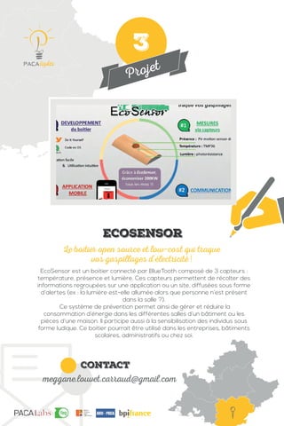 Projet
contact
meggane.louvet.carraud@gmail.com
EcoSensor est un boitier connecté par BlueTooth composé de 3 capteurs :
température, présence et lumière. Ces capteurs permettent de récolter des
informations regroupées sur une application ou un site, diffusées sous forme
d’alertes (ex : la lumière est-elle allumée alors que personne n’est présent
dans la salle ?).
Ce système de prévention permet ainsi de gérer et réduire la
consommation d’énergie dans les différentes salles d’un bâtiment ou les
pièces d’une maison. Il participe aussi à la sensibilisation des individus sous
forme ludique. Ce boitier pourrait être utilisé dans les entreprises, bâtiments
scolaires, administratifs ou chez soi.
Le boitier open source et low-cost qui traque
vos gaspillages d’électricité !
EcoSensor
3
 