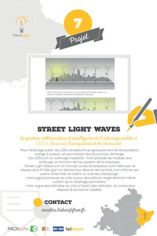 Projet
contact
nicolas.tribie@free.fr
Pour l’éclairage public, les LEDs remplacent progressivement les lampadaires
orange à sodium, en permettant des économies d’énergie.
Ces LEDs ont un avantage inexploité : il est possible de moduler leur
éclairage, en fonction de l’occupation de la chaussée.
Street Light Waves est un concept où les lampadaires sont reliés par un
réseau sans fil. Dès que l’un d’entre eux détecte de l’activité, il en informe ses
voisins. Ensemble, ils créent un scénario d’éclairage :
- Une vague lumineuse se crée autour des piétons, engendrant le même
confort qu’un éclairage permanent.
- Une vague plus étendue se crée à l’avant des véhicules : le conducteur
dispose d’une bonne visibilité.
La gestion collaborative et intelligente de l’éclairage public à
LEDs, basé sur l’occupation de la chaussée
Street light waves
7
 