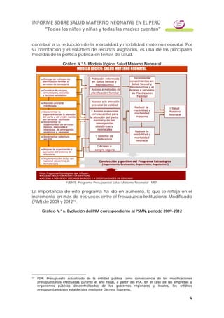 INFORME SOBRE SALUD MATERNO NEONATAL EN EL PERÚ
“Todos los niños y niñas y todas las madres cuentan”
8
contribuir a la reducción de la mortalidad y morbilidad materno neonatal. Por
su orientación y el volumen de recursos asignados, es una de las principales
medidas de la política pública en temas de salud.
Gráfico N.° 5. Modelo lógico: Salud Materno Neonatal
FUENTE: Programa Presupuestal Salud Materno Neonatal - MEF.
La importancia de este programa ha ido en aumento, lo que se refleja en el
incremento en más de tres veces entre el Presupuesto Institucional Modificado
(PIM) de 2009 y 201216.
Gráfico N.° 6. Evolución del PIM correspondiente al PSMN, período 2009-2012
16
PIM: Presupuesto actualizado de la entidad pública como consecuencia de las modificaciones
presupuestarias efectuadas durante el año fiscal, a partir del PIA. En el caso de las empresas y
organismos públicos descentralizados de los gobiernos regionales y locales, los créditos
presupuestarios son establecidos mediante Decreto Supremo.
 