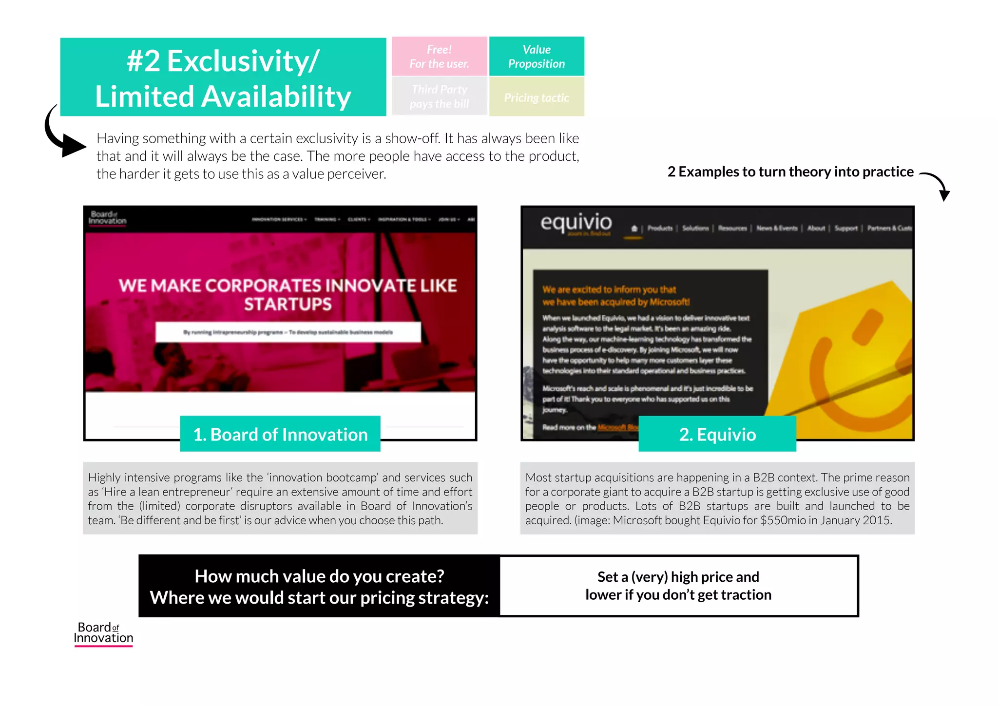 Having something with a certain exclusivity is a show-off. It has always been like
that and it will always be the case. The more people have access to the product,
the harder it gets to use this as a value perceiver.
Highly intensive programs like the ‘innovation bootcamp’ and services such
as ‘Hire a lean entrepreneur‘ require an extensive amount of time and effort
from the (limited) corporate disruptors available in Board of Innovation’s
team. ‘Be different and be first’ is our advice when you choose this path.
2 Examples to turn theory into practice
Most startup acquisitions are happening in a B2B context. The prime reason
for a corporate giant to acquire a B2B startup is getting exclusive use of good
people or products. Lots of B2B startups are built and launched to be
acquired. (image: Microsoft bought Equivio for $550mio in January 2015.
#2 Exclusivity/  
Limited Availability Third Party
pays the bill
Free!
For the user.
Value
Proposition
Pricing tactic
1. Board of Innovation 2. Equivio
How much value do you create? 
Where we would start our pricing strategy:
Set a (very) high price and
lower if you don’t get traction
 