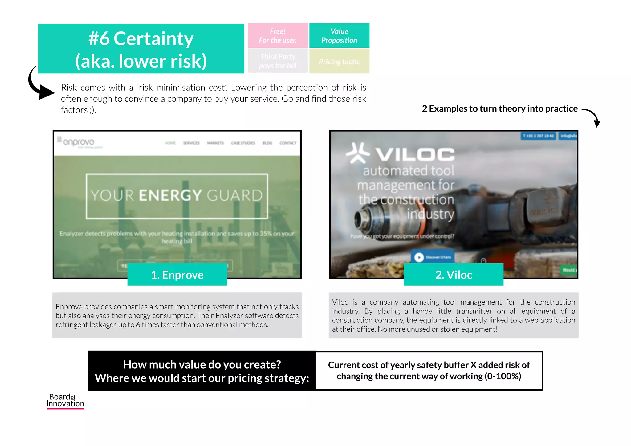 Employees can be seen as internal clients of a company. Keeping them happy is
as important as selling good products/services to external customers. The better
you treat them, the better for your clients’ business.
#5 Employee
satisfaction Third Party
pays the bill
Free!
For the user.
Value
Proposition
Pricing tactic
Yambla is an ideation tool that helps discover and execute the best ideas in
organisations. By endorsing the idea owners and empowering them with the
right team members and tools creates a fun, simple and social culture that
supports innovation.
2 Examples to turn theory into practice
Wranx provides employees quick, effective educational tools to become
skilled in a number of areas. Employees can use this service wherever and
whenever they want. Continuous learning does not require classrooms
anymore. #awesome
1. Yambla 2. Wranx
How much value do you create? 
Where we would start our pricing strategy:
Average cost of hiring per year divided by
average turnover time of employees
 
