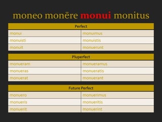 moneo monēre monui monitus
              Perfect
monui             monuimus
monuisti          monuistis
monuit            monuerunt

            Pluperfect
monueram          monueramus
monueras          monueratis
monuerat          monuerant

           Future Perfect
monuero           monuerimus
monueris          monueritis
monuerit          monuerint
 