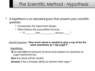The Scientific Method - Hypothesis
• A hypothesis is an educated guess that answers your scientific 
question.
• Incorporates the experiment design.
• Often follows the cause/effect formula.
– “If ________, then ____________ because _____.”
Scientific Question: “How much stevia is needed to give a cup of tea the
same sweetness as 1 tsp sugar?”
Hypothesis:
“If we add different amounts of stevia and compare its sweetness to
sugar-sweetened tea,
then less stevia will be needed
because it has a stronger ability to sweeten than sugar.”
 