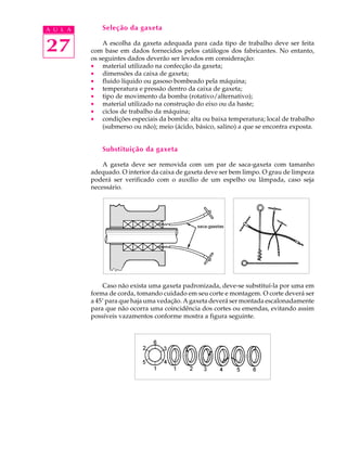 27
A U L A Seleção da gaxeta
A escolha da gaxeta adequada para cada tipo de trabalho deve ser feita
com base em dados fornecidos pelos catálogos dos fabricantes. No entanto,
os seguintes dados deverão ser levados em consideração:
· material utilizado na confecção da gaxeta;
· dimensões da caixa de gaxeta;
· fluido líquido ou gasoso bombeado pela máquina;
· temperatura e pressão dentro da caixa de gaxeta;
· tipo de movimento da bomba (rotativo/alternativo);
· material utilizado na construção do eixo ou da haste;
· ciclos de trabalho da máquina;
· condições especiais da bomba: alta ou baixa temperatura; local de trabalho
(submerso ou não); meio (ácido, básico, salino) a que se encontra exposta.
Substituição da gaxeta
A gaxeta deve ser removida com um par de saca-gaxeta com tamanho
adequado. O interior da caixa de gaxeta deve ser bem limpo. O grau de limpeza
poderá ser verificado com o auxílio de um espelho ou lâmpada, caso seja
necessário.
Caso não exista uma gaxeta padronizada, deve-se substituí-la por uma em
forma de corda, tomando cuidado em seu corte e montagem. O corte deverá ser
a 45° para que haja uma vedação. A gaxeta deverá ser montada escalonadamente
para que não ocorra uma coincidência dos cortes ou emendas, evitando assim
possíveis vazamentos conforme mostra a figura seguinte.
 