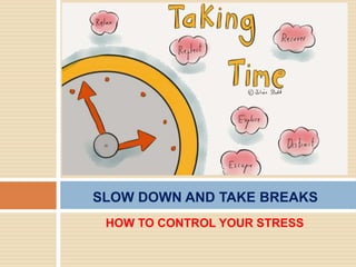 HOW TO CONTROL YOUR STRESS
SLOW DOWN AND TAKE BREAKS
 