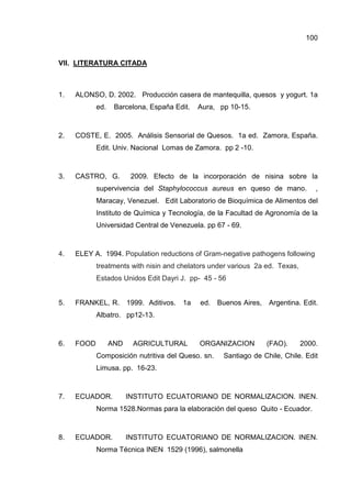 100


VII. LITERATURA CITADA



1.   ALONSO, D. 2002. Producción casera de mantequilla, quesos y yogurt. 1a
            ed.    Barcelona, España Edit.     Aura, pp 10-15.



2.   COSTE, E. 2005. Análisis Sensorial de Quesos. 1a ed. Zamora, España.
            Edit. Univ. Nacional Lomas de Zamora. pp 2 -10.



3.   CASTRO, G.          2009. Efecto de la incorporación de nisina sobre la
            supervivencia del Staphylococcus aureus en queso de mano.              ,
            Maracay, Venezuel. Edit Laboratorio de Bioquímica de Alimentos del
            Instituto de Química y Tecnología, de la Facultad de Agronomía de la
            Universidad Central de Venezuela. pp 67 - 69.



4.   ELEY A. 1994. Population reductions of Gram-negative pathogens following
            treatments with nisin and chelators under various 2a ed. Texas,
            Estados Unidos Edit Dayri J. pp- 45 - 56


5.   FRANKEL, R.        1999. Aditivos.   1a   ed. Buenos Aires,    Argentina. Edit.
            Albatro. pp12-13.



6.   FOOD         AND    AGRICULTURAL          ORGANIZACION        (FAO).     2000.
            Composición nutritiva del Queso. sn.      Santiago de Chile, Chile. Edit
            Limusa. pp. 16-23.



7.   ECUADOR.           INSTITUTO ECUATORIANO DE NORMALIZACION. INEN.
            Norma 1528.Normas para la elaboración del queso Quito - Ecuador.



8.   ECUADOR.           INSTITUTO ECUATORIANO DE NORMALIZACION. INEN.
            Norma Técnica INEN 1529 (1996), salmonella
 