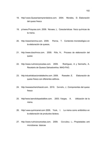 102


18. http//:www.Queseriaemprendedora.com. 2004.            Morales, D. Elaboración
           del queso fresco



19. p//www.Proquisa.com. 2009. Novaes, L. Características físico químicas de
           la nisina.



20. http://wwwnisinima.com. 2009.        Penna, T. Contenido microbiológico en
           la elaboración de quesos.



21. http://www.doschivos.com.    2009.    Rilla, N.;    Proceso de elaboración del
           queso



22. http://www.nutricionyrecetas.com.     2009.        Rodríguez, A y Sermeño, A.
           Recetario de Quesos Salvadoreños. MAG-FAO.



23. http:industrializaciondelaleche.com. 2009.     Roessler, E.      Elaboración de
           queso fresco con diferentes aditivos.



24. http://wwwescherichiacoli.com. 2010. Samelis, J.; Componentes del queso
           fresco



25. http//www.laencliclopedialibre.com.    2003. Vargas,     A.     Utilización de la
           nisina.



26. http//.www.quimicanet.com 2009. Yock, I.           La nisina como antibiótico en
           la elaboración de productos lácteos.



27. http://www.nutricionyrecetas.com. 2009.        González, L.; Propiedades anti
           microbianas básicas
 