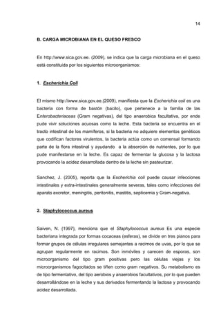 14


B. CARGA MICROBIANA EN EL QUESO FRESCO



En http://www.sica.gov.ee. (2009), se indica que la carga microbiana en el queso
está constituida por los siguientes microorganismos:



1. Escherichia Coli



El mismo http://www.sica.gov.ee.(2009), manifiesta que la Escherichia coli es una
bacteria con forma de bastón (bacilo), que pertenece a la familia de las
Enterobacteriaceas (Gram negativas), del tipo anaerobica facultativa, por ende
pude vivir soluciones acuosas como la leche. Esta bacteria se encuentra en el
tracto intestinal de los mamíferos, si la bacteria no adquiere elementos genéticos
que codifican factores virulentos, la bacteria actúa como un comensal formando
parte de la flora intestinal y ayudando a la absorción de nutrientes, por lo que
pude manifestarse en la leche. Es capaz de fermentar la glucosa y la lactosa
provocando la acidez desarrollada dentro de la leche sin pasteurizar.


Sanchez, J. (2005), reporta que la Escherichia coli puede causar infecciones
intestinales y extra-intestinales generalmente severas, tales como infecciones del
aparato excretor, meningitis, peritonitis, mastitis, septicemia y Gram-negativa.



2. Staphylococcus aureus



Saiven, N. (1997), menciona que el Staphylococcus aureus Es una especie
bacteriana integrada por formas cocaceas (esferas), se divide en tres pianos para
formar grupos de células irregulares semejantes a racimos de uvas, por lo que se
agrupan regularmente en racimos. Son inmóviles y carecen de esporas, son
microorganismo del tipo gram positivas pero las células viejas y los
microorganismos fagocitados se tiñen como gram negativos. Su metabolismo es
de tipo fermentativo, del tipo aerobios y anaerobios facultativos, por lo que pueden
desarrollándose en la leche y sus derivados fermentando la lactosa y provocando
acidez desarrollada.
 
