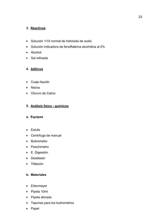 23


3. Reactivos



•   Solución 1/10 normal de hidróxido de sodio
•   Solución indicadora de fenolftaleína alcohólica al 2%
•   Alcohol
•   Sal refinada


4. Aditivos



•   Cuajo liquido
•   Nisina
•   Cloruro de Calcio



5. Análisis físico - químicos


a. Equipos



•   Estufa
•   Centrifuga de manual
•   Butirometro
•   Peachimetro
•   E. Digestión
•   Destilador
•   Titilación


b. Materiales


•   Erlenmeyer
•   Pipeta 10ml
•   Pipeta aforada
•   Tapones para los butirometros
•   Papel
 