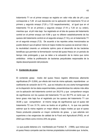 43


tratamiento T1 en el primer ensayo se registra en valor más alto de pH y que
corresponde a 7,28 el cual desciende con la aplicación del tratamiento T2 en el
primero y segundo ensayo (7.20 y 7.23 respectivamente),        al igual que en el
tratamiento T3 en el primero y segundo ensayo (7.19 y 7.20 en su orden),
mientras que el pH más bajo fue registrado en el lote de quesos del tratamiento
control en el primer ensayo con 6.98 y que no difieren estadísticamente de los
quesos del tratamiento control en el segundo ensayo (7.14) y en el tratamiento T1
en el segundo ensayo (7,0). De acuerdo a los reportes antes mencionados se
puede deducir que al aplicar nisina en bajos niveles los quesos se acercan más a
la neutralidad creando un ambiente optimo para el desarrollo de las bacterias
benéficas que permiten la fermentación normal del queso fresco en un periodo de
tiempo más prolongado y que se debe a la actuación de la nisina que como
antibiótico   inhibe la proliferación de bacterias perjudiciales responsable de la
rápida descomposición del producto



2. Contenido de grasa



El contenido grasa      medio del queso fresco registro diferencias altamente
significativas (P< 0,004), por efecto del nivel de nisina aplicado, reportándose un
coeficiente de variación de 8,11% , que es indicativo de una cierta homogeneidad
en la dispersión de los datos experimentales, presentándose los valores más altos
con la aplicación del tratamiento control con 39,21% y que compartieron rangos
de significancia con los quesos del tratamiento T3 con 36,77% en tanto que el
tenor graso más bajo fue el registrado por los quesos del tratamiento T1 con
30,95 y que compartieron el mismo rango de significancia que el queso del
tratamiento T2 con 31.74, como se ilustra en el gráfico 4, lo que nos permite
estimar que la nisina registra un mejor efecto a bajos niveles ya que el queso
fresco producido presenta un mayor contenido de grasa,        y que además son
superiores a las exigencias de calidad de la Food and Agricultural (FAO), en el
2002 que infiere como mínimo 24% de grasa.



Lo que puede deberse a lo manifestado por Frankel, R. (1999), que indica que
el queso fresco comparte casi las mismas propiedades nutricionales que la leche,
 