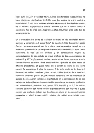 20
NaCI 5.2% (bs), pH 5 y acidez 0.53%. En las características fisicoquímicas, no
hubo diferencias significativas (p<0.05) entre los quesos de mano control y
experimental. El uso de la nisina en el queso experimental, inhibió el crecimiento
de la bacteria Staphylococcus aureus, mientras que en el queso control el
crecimiento fue de cinco ciclos logarítmicos (100.000UFC/g) a los siete días de
almacenamiento
En la evaluación del efecto de la adición de nisina en los parámetros físicos,
químicos y sensoriales del queso "telita" de autoría de Elba Sangronis y Jesús
García, se observó que el uso de la nisina, una bacteriocina natural, es una
alternativa para disminuir los riesgos de la elaboración de queso con leche cruda,
aumentarle la vida útil del producto y en consecuencia mejorar su
comercialización. En este estudio se evaluó el efecto de dos concentraciones de
nisina (10 y 16,7 mg/kg queso), en las características físicas, químicas y en la
calidad sensorial del queso “telita” elaborado con 3 partidas de leche fresca de
diferente procedencia. El queso “telita” sin la adición de nisina se usó como
control. Se prepararon 3 lotes de quesos. A la leche cruda se le determinó
densidad, pH, acidez, proteínas, grasa, cenizas, fósforo y calcio. Se le determinó
humedad, proteínas, grasas, aw, pH y calidad sensorial a 24h de elaborados los
quesos. Se observaron variaciones significativas en la composición de las tres
partidas de leche utilizadas. La composición promedio de los quesos analizados
fue: humedad 64%, proteínas 16%, grasas 17%, aw 0,98 y pH 5,7. La calidad
sensorial del queso con nisina no varió significativamente con respecto al queso
control. Los resultados indican que la adición de nisina en las concentraciones
ensayadas no afectó la composición química y la calidad sensorial del queso
“telita”.
 