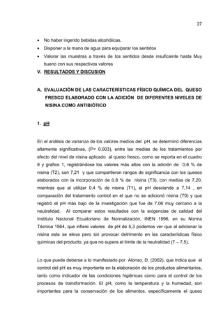 37
• No haber ingerido bebidas alcohólicas.
• Disponer a la mano de agua para equiparar Ios sentidos
• Valorar las muestras a través de Ios sentidos desde insuficiente hasta Muy
bueno con sus respectivos valores
V. RESULTADOS Y DISCUSION
A. EVALUACIÓN DE LAS CARACTERÍSTICAS FÍSICO QUÍMICA DEL QUESO
FRESCO ELABORADO CON LA ADICIÓN DE DIFERENTES NIVELES DE
NISINA COMO ANTIBIÓTICO
1. pH
En el análisis de varianza de los valores medios del pH, se determinó diferencias
altamente significativas, (P< 0.003), entre las medias de los tratamientos por
efecto del nivel de nisina aplicado al queso fresco, como se reporta en el cuadro
8 y grafico 1, registrándose los valores más altos con la adición de 0.6 % de
nisina (T2), con 7,21 y que compartieron rangos de significancia con los quesos
elaborados con la incorporación de 0.8 % de nisina (T3), con medias de 7,20,
mientras que al utilizar 0.4 % de nisina (T1), el pH desciende a 7,14 , en
comparación del tratamiento control en el que no se adicionó nisina (T0) y que
registró el pH más bajo de la investigación que fue de 7,06 muy cercano a la
neutralidad. Al comparar estos resultados con la exigencias de calidad del
Instituto Nacional Ecuatoriano de Normalización, INEN 1996, en su Norma
Técnica 1564, que infiere valores de pH de 5,3 podemos ver que al adicionar la
nisina este se eleva pero sin provocar detrimento en las características físico
químicas del producto, ya que no supera el límite de la neutralidad (7 – 7,5).
Lo que puede deberse a lo manifestado por Alonso, D. (2002), que indica que el
control del pH es muy importante en la elaboración de los productos alimentarios,
tanto como indicador de las condiciones higiénicas como para el control de los
procesos de transformación. El pH, como la temperatura y la humedad, son
importantes para la conservación de los alimentos, específicamente el queso
 