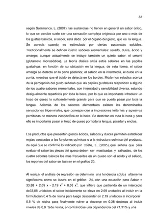 82
según Salamanca, L. (2007), las sustancias no tienen en general un sabor único,
lo que se percibe suele ser una sensación compleja originada por uno o más de
los gustos básicos, el sabor, está dado por el órgano del gusto, que es la lengua.
Se aprecia cuando es estimulado por ciertas sustancias solubles.
Tradicionalmente se definen cuatro sabores elementales: salado, dulce, ácido y
amargo; aunque actualmente se incluye también un quinto sabor: el umami
(glutamato monosódico). La teoría clásica sitúa estos sabores en las papilas
gustativas, en función de su ubicación en la lengua; de esta forma, el sabor
amargo se detecta en la parte posterior, el salado en la intermedia, el dulce en la
punta, mientras que el ácido se detecta en los bordes. Modernos estudios acerca
de la percepción del gusto señalan que las papilas gustativas responden a alguno
de los cuatro sabores elementales, con intensidad y sensibilidad diversa, estando
desigualmente repartidos por toda la boca, por lo que es importante introducir un
trozo de queso lo suficientemente grande para que se pueda pasar por toda la
lengua. Además de los sabores elementales existen las denominadas
sensaciones trigeminales, que corresponden a impresiones irritantes y agresivas
percibidas de manera inespecífica en la boca. Se detectan en toda la boca y para
ello es importante pasar el trozo de queso por toda la lengua, paladar y encías.
Los productos que presentan gustos ácidos, salados y dulces permiten establecer
reglas asociadas a las funciones químicas o a la estructura química del producto,
de aquí que se confirme lo indicado por Coste, E. (2005), que señala que para
evaluar el sabor las piezas del queso deben ser masticadas y salivadas, de los
cuatro sabores básicos los más frecuentes en un queso son el ácido y el salado,
los reportes del sabor se ilustran en el grafico 23.
Al realizar el análisis de regresión se determinó una tendencia cúbica altamente
significativa como se ilustra en el gráfico 24, con una ecuación para Sabor =
33,88 + 2,69 x - 2.19 x2
+ 0.38 x3
, que infiere que partiendo de un intercepto
de33,88 unidades el sabor inicialmente se eleva en 2.69 unidades al incluir en la
formulación 0.4 % de nisina para luego descender en 2.19 unidades al incorporar
0.6 % de nisina para finalmente volver a elevarse en 0.38 decimas al incluir
niveles de 0.8 %de nisina, encontrándose una dependencia del 71.31% y una
 
