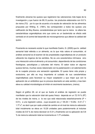 90
finalmente ubicarse los quesos que registraron las valoraciones más bajas de la
investigación y que fueron de 89,13 puntos los productos elaborados con 0.8 %
de nisina (T3) por lo que de acuerdo a la escala de valoración de los alimentos
propuesta por Witting, E. (1981), les corresponden a todos los quesos una
calificación de Muy Buena, considerándose por tanto que la nisina no altera las
características organolépticas sino que como es un bactericida se efecto está
centrado en el control del desarrollo de microorganismos que alteran la calidad del
queso.
Finamente es necesario acotar lo que manifiesta Castro, G. (2009) que la calidad
sensorial total referida a un alimento, es la que más valora el consumidor, el
análisis sensorial es el examen de las propiedades organolépticas de un producto
utilizando los órganos de los sentidos. No es una característica intrínseca sino
una interacción entre el alimento y el consumidor, dependiendo de las condiciones
fisiológicas, psicológicas y culturales del mismo. El sabor dulce en algunos
quesos tiernos, muchas veces relacionado con la pasterización o el calentamiento
de la cuajada provoca una sensación agradable. El queso tiene vida propia y
evoluciona, por ello es muy importante el cuidado de sus características
organolépticas para favorecer su mayor aceptación y que mejor que con la
aplicación de un antibiótico que no provoca desmedro en este sentido y mas bien
eleva su calidad microbiológica al inhibir el crecimiento bacteriano, (nisina).
Según el gráfico 28, en el que se ilustra el análisis de regresión se puede
manifestar que la valoración total del queso fresco depende en un 72.19 % (R2
)
de los niveles de nisina, a la vez que está relacionada estadísticamente (P <
0.01), a una regresión cubica , cuya ecuación es y = 94.25 + 10.29x - 9.31 x2
+
1.77 x3
, es decir que por cada unidad de cambio en el nivel de nisina la valoración
total inicialmente se eleva en 10.29 unidades para posteriormente al incluirse
niveles de 0.6 % de nisina decrecer en 9.31 y finalmente con la aplicación de 0.8
% de nisina la valoración total se incrementa en 1.77 unidades.
 