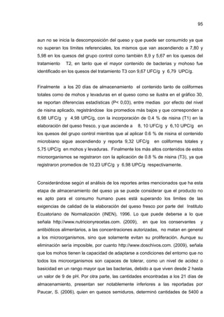 95
aun no se inicia la descomposición del queso y que puede ser consumido ya que
no superan los límites referenciales, los mismos que van ascendiendo a 7,80 y
5,98 en los quesos del grupo control como también 8,9 y 5,67 en los quesos del
tratamiento T2, en tanto que el mayor contenido de bacterias y mohoso fue
identificado en los quesos del tratamiento T3 con 9,67 UFC/g y 6,79 UPC/g.
Finalmente a los 20 días de almacenamiento el contenido tanto de coliformes
totales como de mohos y levaduras en el queso como se ilustra en el gráfico 30,
se reportan diferencias estadísticas (P< 0,03), entre medias por efecto del nivel
de nisina aplicado, registrándose los promedios más bajos y que corresponden a
6,98 UFC/g y 4,98 UPC/g, con la incorporación de 0.4 % de nisina (T1) en la
elaboración del queso fresco, y que asciende a 8, 10 UFC/g y 6,10 UPC/g en
los quesos del grupo control mientras que al aplicar 0.6 % de nisina el contenido
microbiano sigue ascendiendo y reporta 9,32 UFC/g en coliformes totales y
5,75 UPC/g en mohos y levaduras. Finalmente los más altos contenidos de estos
microorganismos se registraron con la aplicación de 0.8 % de nisina (T3), ya que
registraron promedios de 10,23 UFC/g y 6,98 UPC/g respectivamente.
Considerándose según el análisis de los reportes antes mencionados que ha esta
etapa de almacenamiento del queso ya se puede considerar que el producto no
es apto para el consumo humano pues está superando los limites de las
exigencias de calidad de la elaboración del queso fresco por parte del Instituto
Ecuatoriano de Normalización (INEN), 1996. Lo que puede deberse a lo que
señala http://www.nutricionyrecetas.com. (2009), en que los conservantes y
antibióticos alimentarios, a las concentraciones autorizadas, no matan en general
a los microorganismos, sino que solamente evitan su proliferación. Aunque su
eliminación sería imposible, por cuanto http://www.doschivos.com. (2009), señala
que los mohos tienen la capacidad de adaptarse a condiciones del entorno que no
todos los microorganismos son capaces de tolerar, como un nivel de acidez o
basicidad en un rango mayor que las bacterias, debido a que viven desde 2 hasta
un valor de 9 de pH. Por otra parte, las cantidades encontradas a los 21 días de
almacenamiento, presentan ser notablemente inferiores a las reportadas por
Paucar, S. (2006), quien en quesos semiduros, determinó cantidades de 5400 a
 