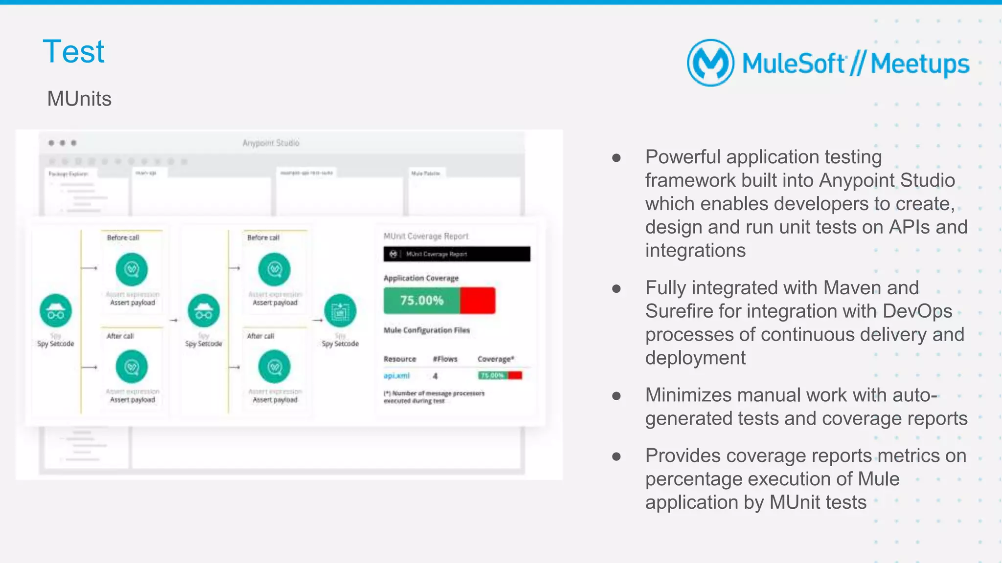 Test
● Powerful application testing
framework built into Anypoint Studio
which enables developers to create,
design and run unit tests on APIs and
integrations
● Fully integrated with Maven and
Surefire for integration with DevOps
processes of continuous delivery and
deployment
● Minimizes manual work with auto-
generated tests and coverage reports
● Provides coverage reports metrics on
percentage execution of Mule
application by MUnit tests
MUnits
 