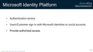 https://azureezy.com
© 2020 AzureEzy and AzureTalk. All rights reserved!
Microsoft Identity Platform
11
• Authentication service
• Users/Customer sign in with Microsoft identities or social accounts
• Provide authorized access
 