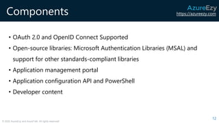 https://azureezy.com
© 2020 AzureEzy and AzureTalk. All rights reserved!
Components
12
• OAuth 2.0 and OpenID Connect Supported
• Open-source libraries: Microsoft Authentication Libraries (MSAL) and
support for other standards-compliant libraries
• Application management portal
• Application configuration API and PowerShell
• Developer content
 