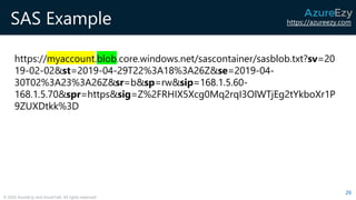 https://azureezy.com
© 2020 AzureEzy and AzureTalk. All rights reserved!
SAS Example
https://myaccount.blob.core.windows.net/sascontainer/sasblob.txt?sv=20
19-02-02&st=2019-04-29T22%3A18%3A26Z&se=2019-04-
30T02%3A23%3A26Z&sr=b&sp=rw&sip=168.1.5.60-
168.1.5.70&spr=https&sig=Z%2FRHIX5Xcg0Mq2rqI3OlWTjEg2tYkboXr1P
9ZUXDtkk%3D
26
 