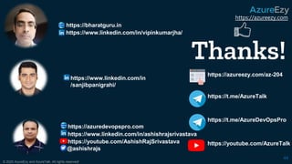 https://azureezy.com
© 2020 AzureEzy and AzureTalk. All rights reserved!
44
https://bharatguru.in
https://www.linkedin.com/in/vipinkumarjha/
https://www.linkedin.com/in/ashishrajsrivastava
https://azuredevopspro.com
https://youtube.com/AshishRajSrivastava
@ashishrajs
https://www.linkedin.com/in
/sanjibpanigrahi/
Thanks!
https://azureezy.com/az-204
https://t.me/AzureTalk
https://youtube.com/AzureTalk
https://t.me/AzureDevOpsPro
 