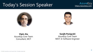 https://azureezy.com
© 2020 AzureEzy and AzureTalk. All rights reserved!
Today’s Session Speaker
Sanjib Panigrahi
AzureEzy Core Team
MCP, Sr Software Engineer
4
Vipin Jha
AzureEzy Core Team
Consultant, MCT
 