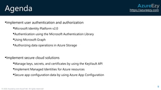 https://azureezy.com
© 2020 AzureEzy and AzureTalk. All rights reserved!
Agenda
•Implement user authentication and authorization
•Microsoft Identity Platform v2.0
•Authentication using the Microsoft Authentication Library
•Using Microsoft Graph
•Authorizing data operations in Azure Storage
•Implement secure cloud solutions
•Manage keys, secrets, and certificates by using the KeyVault API
•Implement Managed Identities for Azure resources
•Secure app configuration data by using Azure App Configuration
9
 