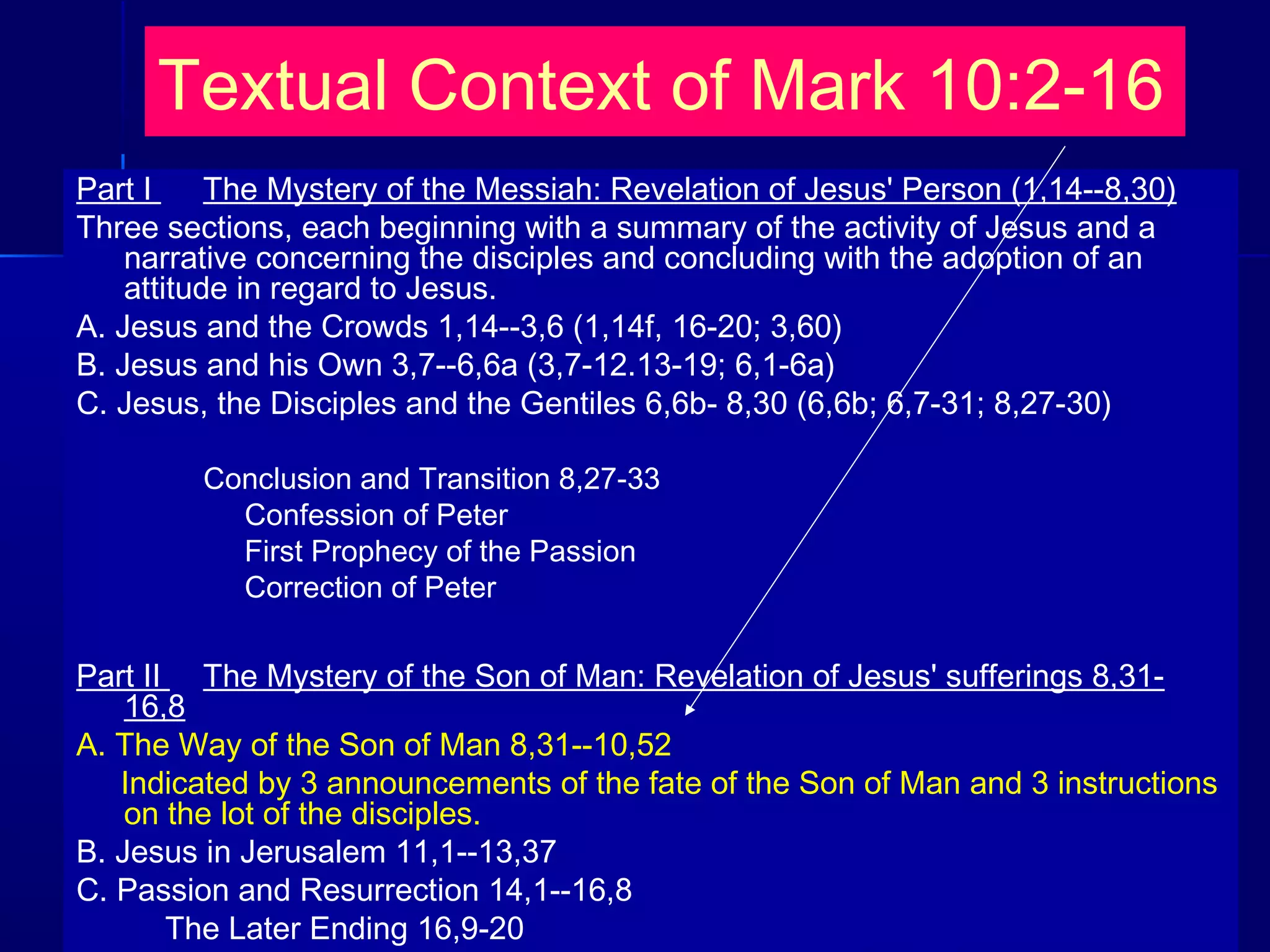 Textual Context of Mark 10:2-16
Part I The Mystery of the Messiah: Revelation of Jesus' Person (1,14--8,30)
Three sections, each beginning with a summary of the activity of Jesus and a
narrative concerning the disciples and concluding with the adoption of an
attitude in regard to Jesus.
A. Jesus and the Crowds 1,14--3,6 (1,14f, 16-20; 3,60)
B. Jesus and his Own 3,7--6,6a (3,7-12.13-19; 6,1-6a)
C. Jesus, the Disciples and the Gentiles 6,6b- 8,30 (6,6b; 6,7-31; 8,27-30)
Conclusion and Transition 8,27-33
Confession of Peter
First Prophecy of the Passion
Correction of Peter
Part II The Mystery of the Son of Man: Revelation of Jesus' sufferings 8,31-
16,8
A. The Way of the Son of Man 8,31--10,52
Indicated by 3 announcements of the fate of the Son of Man and 3 instructions
on the lot of the disciples.
B. Jesus in Jerusalem 11,1--13,37
C. Passion and Resurrection 14,1--16,8
The Later Ending 16,9-20
 