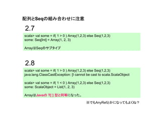 配列と
配列とSeqの組み合わせに注意
      の組み合わせに注意

2.7
scala> val some = if( 1 > 0 ) Array(1,2,3) else Seq(1,2,3)
some: Seq[Int] = Array(1, 2, 3)

ArrayはSeqのサブタイプ



2.8
scala> val some = if( 1 > 0 ) Array(1,2,3) else Seq(1,2,3)
java.lang.ClassCastException: [I cannot be cast to scala.ScalaObject

scala> val some = if( 1 < 0 ) Array(1,2,3) else Seq(1,2,3)
some: ScalaObject = List(1, 2, 3)

                 型と同等になった。
ArrayはJavaの T[ ] 型と同等
          の

                                         ※でもAnyRefとかになってもよくね？
 