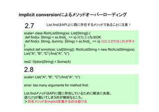 によるメソッドオーバーローディング
implicit conversionによるメソッドオーバーローディング

 2.7             List.findはAPI上に既に存在するメソッドであることに注意！

 scala> class RichListString(xs: List[String]) {
  def find(x: String) = xs.find{_ == x} //(1) こっちはOK
  def find(x: String, dummy: String) = xs.find{_ == x} //(2) 2.8ではこれがダメ
 }
 implicit def enrich(xs: List[String]): RichListString = new RichListString(xs)
 List("A", "B", "C").find("A", "c")

 res2: Option[String] = Some(A)

 2.8
 scala> List("A", "B", "C").find("A", "c")

 error: too many arguments for method find:

 List.findメソッドはAPIに既に存在しているために解決に失敗。
 逆に(1)が動いてしまうのが微妙なところ。
 ＞同名メソッドをimplicit定義するのは避ける
 