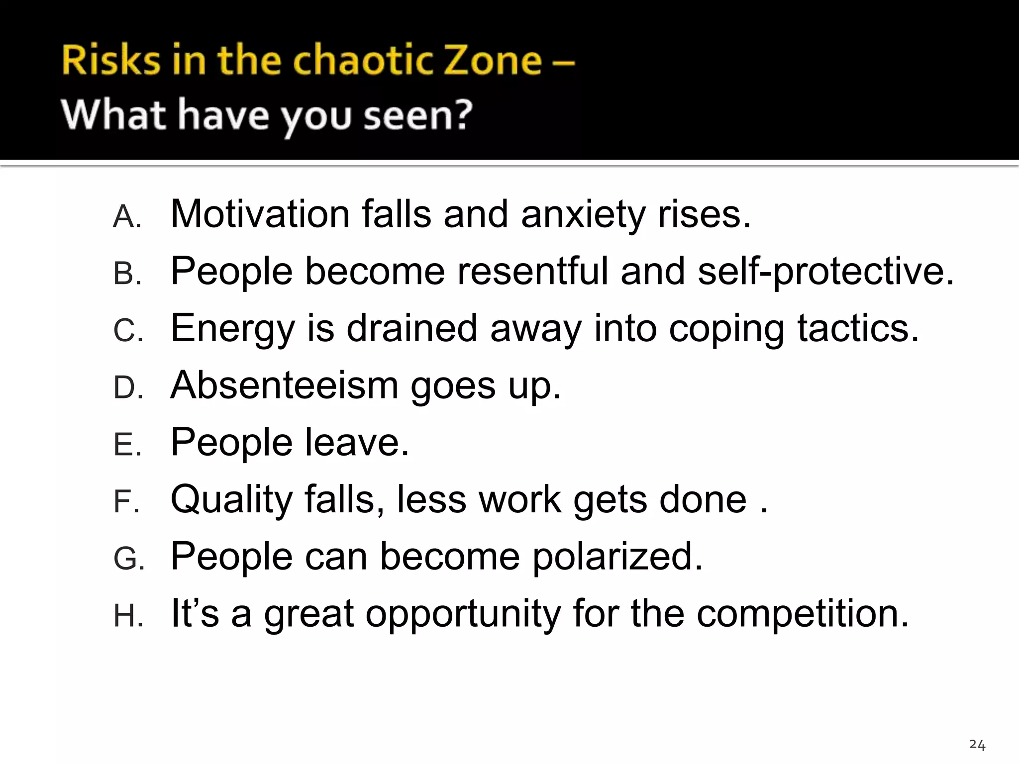 24
A. Motivation falls and anxiety rises.
B. People become resentful and self-protective.
C. Energy is drained away into coping tactics.
D. Absenteeism goes up.
E. People leave.
F. Quality falls, less work gets done .
G. People can become polarized.
H. It’s a great opportunity for the competition.
 