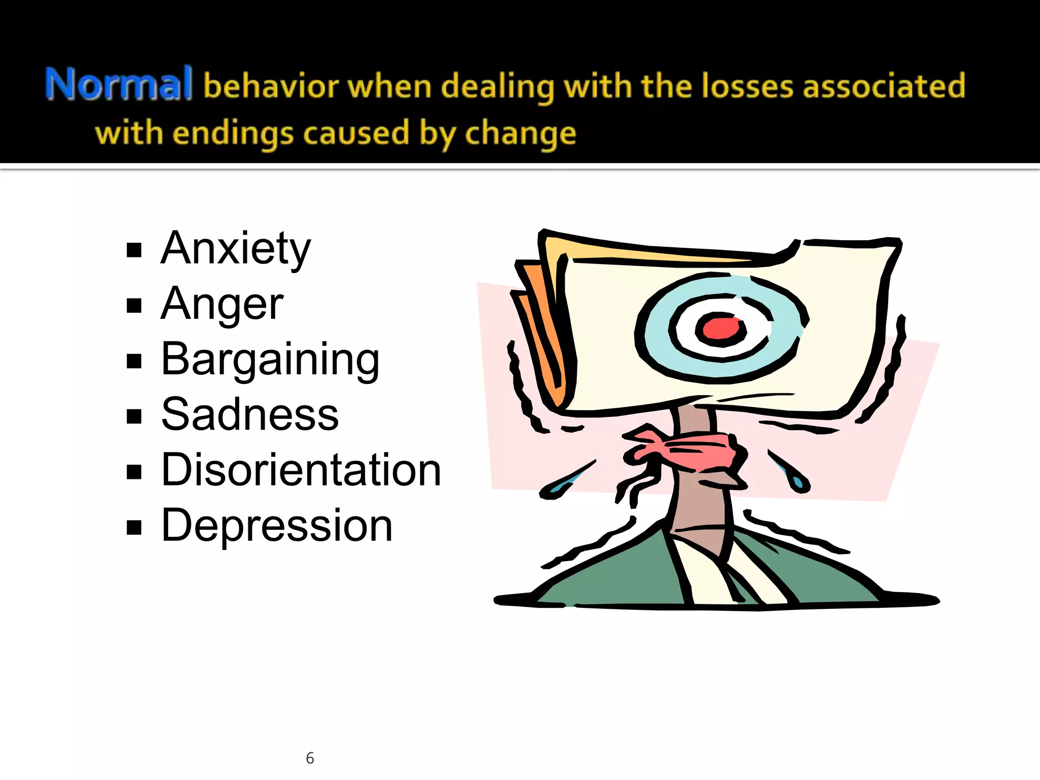 6
 Anxiety
 Anger
 Bargaining
 Sadness
 Disorientation
 Depression
 