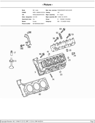 - Picture -
Mode MD mode Mod. des. overview PASSSENGER CAR,COUPE
FIN/MD WDB 2083651F075791 Catalog 19Y
VIN WDBLJ65G0XF075791 Major assembly: M - Engine
Sales designation CLK 320 Major assembly MD 112940 30 357370
Assortment class Car Group 01 - ENGINE HOUSING
Market Europe Subgroup 060 - CYLINDER HEAD
Picture number B01060000203.050817
Copyright Daimler AG, 13/06/15 22:52, EPC 1.32.0.4, DW 04/2014 Page 1
 