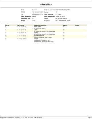 - Parts list -
Mode MD mode Mod. des. overview PASSSENGER CAR,COUPE
FIN/MD WDB 2083651F075791 Catalog 19Y
VIN WDBLJ65G0XF075791 Major assembly: M - Engine
Sales designation CLK 320 Major assembly MD 112940 30 357370
Assortment class Car Group 03 - MOVING PARTS
Market Europe Subgroup 020 - DIFFERENTIAL SHAFT
Item no. Part number Designation/description Quantity Version
5 A 112 030 27 72 DRIVE SHAFT
DIFFERENTIAL SHAFT
001
11 A 112 034 01 73 LOCK
DIFFERENTIAL SHAFT TO CRANKCASE
001
17 A 112 990 00 14 SCREW
DIFFERENTIAL SHAFT TO CRANKCASE
001
23 A 112 034 07 22 COUNTERWEIGHT
ON DIFFERENTIAL SHAFT,REAR
001
29 N 910105 008019 SCREW
COMPENSATION WEIGHT ON
DIFFERENTIAL SHAFT,REAR M 8X50
001
Copyright Daimler AG, 13/06/15 22:55, EPC 1.32.0.4, DW 04/2014 Page 1
 