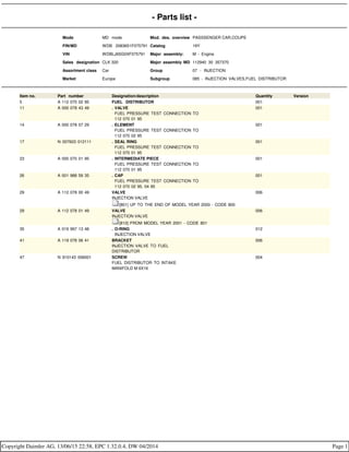 - Parts list -
Mode MD mode Mod. des. overview PASSSENGER CAR,COUPE
FIN/MD WDB 2083651F075791 Catalog 19Y
VIN WDBLJ65G0XF075791 Major assembly: M - Engine
Sales designation CLK 320 Major assembly MD 112940 30 357370
Assortment class Car Group 07 - INJECTION
Market Europe Subgroup 085 - INJECTION VALVES,FUEL DISTRIBUTOR
Item no. Part number Designation/description Quantity Version
5 A 112 070 02 95 FUEL DISTRIBUTOR 001
11 A 000 078 43 49 . VALVE
. FUEL PRESSURE TEST CONNECTION TO
. 112 070 01 95
001
14 A 000 078 07 29 . ELEMENT
. FUEL PRESSURE TEST CONNECTION TO
. 112 070 02 95
001
17 N 007603 012111 . SEAL RING
. FUEL PRESSURE TEST CONNECTION TO
. 112 070 01 95
001
23 A 000 070 01 95 . INTERMEDIATE PIECE
. FUEL PRESSURE TEST CONNECTION TO
. 112 070 01 95
001
26 A 001 988 59 35 . CAP
. FUEL PRESSURE TEST CONNECTION TO
. 112 070 02 95, 04 95
001
29 A 112 078 00 49 VALVE
INJECTION VALVE
[801] UP TO THE END OF MODEL YEAR 2000 - CODE 800
006
29 A 112 078 01 49 VALVE
INJECTION VALVE
[810] FROM MODEL YEAR 2001 - CODE 801
006
35 A 019 997 13 48 . O-RING
. INJECTION VALVE
012
41 A 119 078 06 41 BRACKET
INJECTION VALVE TO FUEL
DISTRIBUTOR
006
47 N 910143 006001 SCREW
FUEL DISTRIBUTOR TO INTAKE
MANIFOLD M 6X16
004
Copyright Daimler AG, 13/06/15 22:58, EPC 1.32.0.4, DW 04/2014 Page 1
 
