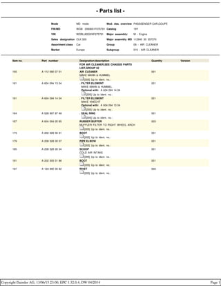 - Parts list -
Mode MD mode Mod. des. overview PASSSENGER CAR,COUPE
FIN/MD WDB 2083651F075791 Catalog 19Y
VIN WDBLJ65G0XF075791 Major assembly: M - Engine
Sales designation CLK 320 Major assembly MD 112940 30 357370
Assortment class Car Group 09 - AIR CLEANER
Market Europe Subgroup 015 - AIR CLEANER
Item no. Part number Designation/description Quantity Version
FOR AIR CLEANER,SEE CHASSIS PARTS
LIST,GROUP 52
155 A 112 090 07 01 AIR CLEANER
MAKE MANN & HUMMEL
[205] Up to ident. no.:
001
161 A 604 094 13 04 . FILTER ELEMENT
. MAKE MANN & HUMMEL
. Optional with: A 604 094 14 04
. [205] Up to ident. no.:
001
161 A 604 094 14 04 . FILTER ELEMENT
. MAKE KNECHT
. Optional with: A 604 094 13 04
. [205] Up to ident. no.:
001
164 A 028 997 97 48 . SEAL RING
. [205] Up to ident. no.:
001
167 A 604 094 00 85 RUBBER BUFFER
MUFFLER FILTER TO RIGHT WHEEL ARCH
[205] Up to ident. no.:
003
173 A 202 528 00 91 BOOT
[205] Up to ident. no.:
001
179 A 208 528 00 07 PIPE ELBOW
[205] Up to ident. no.:
001
185 A 208 528 00 04 SCOOP
COLD AIR INTAKE
[205] Up to ident. no.:
001
191 A 202 505 01 86 BOOT
[205] Up to ident. no.:
001
197 A 123 990 00 92 RIVET
[205] Up to ident. no.:
003
Copyright Daimler AG, 13/06/15 23:00, EPC 1.32.0.4, DW 04/2014 Page 1
 