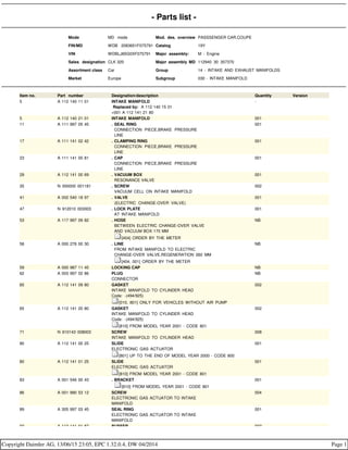 - Parts list -
Mode MD mode Mod. des. overview PASSSENGER CAR,COUPE
FIN/MD WDB 2083651F075791 Catalog 19Y
VIN WDBLJ65G0XF075791 Major assembly: M - Engine
Sales designation CLK 320 Major assembly MD 112940 30 357370
Assortment class Car Group 14 - INTAKE AND EXHAUST MANIFOLDS
Market Europe Subgroup 030 - INTAKE MANIFOLD
Item no. Part number Designation/description Quantity Version
5 A 112 140 11 01 INTAKE MANIFOLD
Replaced by: A 112 140 15 01
+001 A 112 141 21 80
-
5 A 112 140 21 01 INTAKE MANIFOLD 001
11 A 111 997 05 45 . SEAL RING
. CONNECTION PIECE,BRAKE PRESSURE
. LINE
001
17 A 111 141 02 42 . CLAMPING RING
. CONNECTION PIECE,BRAKE PRESSURE
. LINE
001
23 A 111 141 00 81 . CAP
. CONNECTION PIECE,BRAKE PRESSURE
. LINE
001
29 A 112 141 00 69 . VACUUM BOX
. RESONANCE VALVE
001
35 N 000000 001181 . SCREW
. VACUUM CELL ON INTAKE MANIFOLD
002
41 A 002 540 18 97 . VALVE
. (ELECTRIC CHANGE-OVER VALVE)
001
47 N 912010 003003 . LOCK PLATE
. AT INTAKE MANIFOLD
001
53 A 117 997 09 82 . HOSE
. BETWEEN ELECTRIC CHANGE-OVER VALVE
. AND VACUUM BOX 170 MM
. [404] ORDER BY THE METER
NB
56 A 000 276 00 30 . LINE
. FROM INTAKE MANIFOLD TO ELECTRIC
. CHANGE-OVER VALVE,REGENERATION 260 MM
. [404, 001] ORDER BY THE METER
NB
59 A 000 987 11 45 LOCKING CAP NB
62 A 003 997 02 86 PLUG
CONNECTOR
NB
65 A 112 141 09 80 GASKET
INTAKE MANIFOLD TO CYLINDER HEAD
Code: -(494/925)
[010, 801] ONLY FOR VEHICLES WITHOUT AIR PUMP
002
65 A 112 141 20 80 GASKET
INTAKE MANIFOLD TO CYLINDER HEAD
Code: -(494/925)
[810] FROM MODEL YEAR 2001 - CODE 801
002
71 N 910143 008003 SCREW
INTAKE MANIFOLD TO CYLINDER HEAD
008
80 A 112 141 00 25 SLIDE
ELECTRONIC GAS ACTUATOR
[801] UP TO THE END OF MODEL YEAR 2000 - CODE 800
001
80 A 112 141 01 25 SLIDE
ELECTRONIC GAS ACTUATOR
[810] FROM MODEL YEAR 2001 - CODE 801
001
83 A 001 546 00 43 . BRACKET
. [810] FROM MODEL YEAR 2001 - CODE 801
001
86 A 001 990 53 12 SCREW
ELECTRONIC GAS ACTUATOR TO INTAKE
MANIFOLD
004
89 A 305 997 03 45 SEAL RING
ELECTRONIC GAS ACTUATOR TO INTAKE
MANIFOLD
001
92 A 112 141 01 87 BUFFER 002
Copyright Daimler AG, 13/06/15 23:05, EPC 1.32.0.4, DW 04/2014 Page 1
 