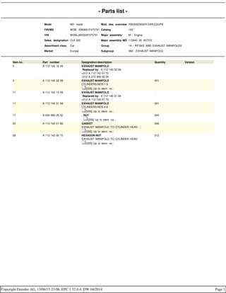- Parts list -
Mode MD mode Mod. des. overview PASSSENGER CAR,COUPE
FIN/MD WDB 2083651F075791 Catalog 19Y
VIN WDBLJ65G0XF075791 Major assembly: M - Engine
Sales designation CLK 320 Major assembly MD 112940 30 357370
Assortment class Car Group 14 - INTAKE AND EXHAUST MANIFOLDS
Market Europe Subgroup 060 - EXHAUST MANIFOLD
Item no. Part number Designation/description Quantity Version
5 A 112 140 16 09 EXHAUST MANIFOLD
Replaced by: A 112 140 32 09
+012 A 112 142 01 72
+012 A 272 990 00 05
-
5 A 112 140 32 09 EXHAUST MANIFOLD
CYLINDERS NOS.1-3
[205] Up to ident. no.:
001
11 A 112 140 15 09 EXHAUST MANIFOLD
Replaced by: A 112 140 31 09
+012 A 112 142 01 72
-
11 A 112 140 31 09 EXHAUST MANIFOLD
CYLINDERS NOS.4-6
[205] Up to ident. no.:
001
17 A 000 990 25 52 . NUT
. [205] Up to ident. no.:
004
23 A 112 142 01 80 GASKET
EXHAUST MANIFOLD TO CYLINDER HEAD
[205] Up to ident. no.:
006
29 A 112 142 00 72 HEXAGON NUT
EXHAUST MANIFOLD TO CYLINDER HEAD
[205] Up to ident. no.:
012
Copyright Daimler AG, 13/06/15 23:06, EPC 1.32.0.4, DW 04/2014 Page 1
 
