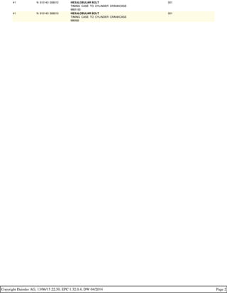 41 N 910143 008012 HEXALOBULAR BOLT
TIMING CASE TO CYLINDER CRANKCASE
M8X100
001
41 N 910143 008010 HEXALOBULAR BOLT
TIMING CASE TO CYLINDER CRANKCASE
M8X80
001
Copyright Daimler AG, 13/06/15 22:50, EPC 1.32.0.4, DW 04/2014 Page 2
 