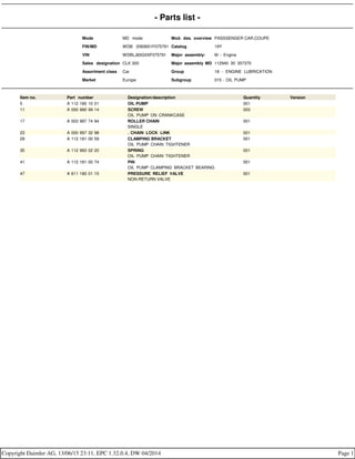 - Parts list -
Mode MD mode Mod. des. overview PASSSENGER CAR,COUPE
FIN/MD WDB 2083651F075791 Catalog 19Y
VIN WDBLJ65G0XF075791 Major assembly: M - Engine
Sales designation CLK 320 Major assembly MD 112940 30 357370
Assortment class Car Group 18 - ENGINE LUBRICATION
Market Europe Subgroup 015 - OIL PUMP
Item no. Part number Designation/description Quantity Version
5 A 112 180 10 01 OIL PUMP 001
11 A 000 990 99 14 SCREW
OIL PUMP ON CRANKCASE
003
17 A 003 997 74 94 ROLLER CHAIN
SINGLE
001
23 A 000 997 32 98 . CHAIN LOCK LINK 001
29 A 112 181 00 59 CLAMPING BRACKET
OIL PUMP CHAIN TIGHTENER
001
35 A 112 993 02 20 SPRING
OIL PUMP CHAIN TIGHTENER
001
41 A 112 181 00 74 PIN
OIL PUMP CLAMPING BRACKET BEARING
001
47 A 611 180 01 15 PRESSURE RELIEF VALVE
NON-RETURN VALVE
001
Copyright Daimler AG, 13/06/15 23:11, EPC 1.32.0.4, DW 04/2014 Page 1
 