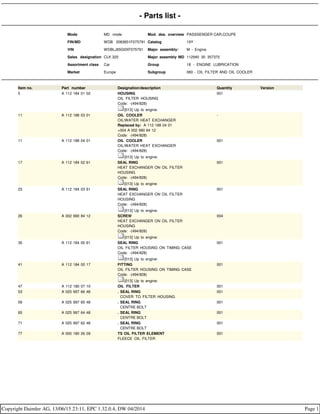 - Parts list -
Mode MD mode Mod. des. overview PASSSENGER CAR,COUPE
FIN/MD WDB 2083651F075791 Catalog 19Y
VIN WDBLJ65G0XF075791 Major assembly: M - Engine
Sales designation CLK 320 Major assembly MD 112940 30 357370
Assortment class Car Group 18 - ENGINE LUBRICATION
Market Europe Subgroup 060 - OIL FILTER AND OIL COOLER
Item no. Part number Designation/description Quantity Version
5 A 112 184 01 02 HOUSING
OIL FILTER HOUSING
Code: -(494/828)
[013] Up to engine:
001
11 A 112 188 03 01 OIL COOLER
OIL/WATER HEAT EXCHANGER
Replaced by: A 112 188 04 01
+004 A 002 990 84 12
Code: -(494/828)
-
11 A 112 188 04 01 OIL COOLER
OIL/WATER HEAT EXCHANGER
Code: -(494/828)
[013] Up to engine:
001
17 A 112 184 02 61 SEAL RING
HEAT EXCHANGER ON OIL FILTER
HOUSING
Code: -(494/828)
[013] Up to engine:
001
23 A 112 184 03 61 SEAL RING
HEAT EXCHANGER ON OIL FILTER
HOUSING
Code: -(494/828)
[013] Up to engine:
001
26 A 002 990 84 12 SCREW
HEAT EXCHANGER ON OIL FILTER
HOUSING
Code: -(494/828)
[013] Up to engine:
004
35 A 112 184 00 61 SEAL RING
OIL FILTER HOUSING ON TIMING CASE
Code: -(494/828)
[013] Up to engine:
001
41 A 112 184 00 17 FITTING
OIL FILTER HOUSING ON TIMING CASE
Code: -(494/828)
[013] Up to engine:
001
47 A 112 180 07 10 OIL FILTER 001
53 A 025 997 66 48 . SEAL RING
. COVER TO FILTER HOUSING
001
59 A 025 997 65 48 . SEAL RING
. CENTRE BOLT
001
65 A 025 997 64 48 . SEAL RING
. CENTRE BOLT
001
71 A 025 997 62 48 . SEAL RING
. CENTRE BOLT
001
77 A 000 180 26 09 TS OIL FILTER ELEMENT
FLEECE OIL FILTER
001
Copyright Daimler AG, 13/06/15 23:11, EPC 1.32.0.4, DW 04/2014 Page 1
 