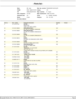 - Parts list -
Mode MD mode Mod. des. overview PASSSENGER CAR,COUPE
FIN/MD WDB 2083651F075791 Catalog 19Y
VIN WDBLJ65G0XF075791 Major assembly: M - Engine
Sales designation CLK 320 Major assembly MD 112940 30 357370
Assortment class Car Group 01 - ENGINE HOUSING
Market Europe Subgroup 045 - OIL PAN
OIL LEVEL DISPLAY
Item no. Part number Designation/description Quantity Version
5 A 112 014 07 02 OIL PAN
UPPER PART
[011] NOT WITH 4 MATIC
001
23 N 910143 008003 HEXALOBULAR BOLT
OIL PAN TO CYLINDER CRANKCASE
002
29 N 910143 006002 HEXALOBULAR BOLT
OIL PAN TO CYLINDER CRANKCASE M
6X20
011
29 N 910143 006006 SCREW
OIL PAN TO CYLINDER CRANKCASE M
6X40
005
29 N 910143 006010 SCREW
OIL SUMP ON CRANKCASE COVER, REAR
M 6X90
002
29 N 910143 006002 SCREW
OIL PAN TO TIMING CASE M 6X20
004
29 N 910143 006006 HEXALOBULAR BOLT
OIL PAN TO TIMING CASE
002
35 A 112 010 03 28 OIL PAN
Replaced by: A 112 010 06 28
+001 A 001 542 72 18
[022] FIRST EXHAUST STOCK OF OLD PARTS UP TO ENGINE
-
35 A 112 010 06 28 OIL PAN
LOWER PART
001
41 A 111 997 03 30 . SCREW PLUG, FILLING
. OIL DRAIN
001
47 N 007603 014106 . SEAL RING
. OIL DRAIN
001
53 N 000000 001117 SCREW
LOWER PART OF OIL PAN TO UPPER
PART
012
59 A 112 014 01 33 COVER
MOUNTING HOLE IN OIL PAN
001
65 A 112 010 02 66 GUIDE TUBE 001
71 A 112 018 00 80 GASKET
GUIDE TUBE
001
77 A 112 010 03 72 OIL DIPSTICK
[011] NOT WITH 4 MATIC
001
78 A 006 997 26 45 . SEAL RING
. OIL DIPSTICK
001
85 A 113 010 00 72 OIL DIPSTICK
[010] ONLY WITH 4 MATIC
001
90 A 006 997 26 45 . SEAL RING
. OIL DIPSTICK
001
Copyright Daimler AG, 13/06/15 22:51, EPC 1.32.0.4, DW 04/2014 Page 1
 