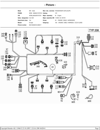 - Picture -
Mode MD mode Mod. des. overview PASSSENGER CAR,COUPE
FIN/MD WDB 2083651F075791 Catalog 19Y
VIN WDBLJ65G0XF075791 Major assembly: M - Engine
Sales designation CLK 320 Major assembly MD 112940 30 357370
Assortment class Car Group 54 - ENGINE CABLE HARNESSES
Market Europe Subgroup 165 - ENGINE CABLE HARNESS, C/CLK-CLASS
Picture number B54165000018.090917
Copyright Daimler AG, 13/06/15 23:18, EPC 1.32.0.4, DW 04/2014 Page 1
 