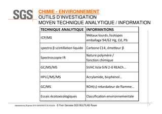 CHIMIE - ENVIRONNEMENT
OUTILS D’INVESTIGATION
MOYEN TECHNIQUE ANALYTIQUE / INFORMATION
TECHNIQUE ANALYTIQUE INFORMATIONS
Métaux lourds /isotopes
emballage 94/62 Hg, Cd, Pb

ICP/MS

spectro β scintillation liquide Carbone C14, émetteur β
Spectroscopie IR

Nature polymère /
fonction chimique

GC/MS/MS

SVHC liste SIN 2-0 REACh…

HPLC/MS/MS

Acrylamide, bisphénol…

GC/MS

ROH(s) retardateur de flamme…

Essais écotoxicologiques

Classification environnementale

Intervention du 28 janvier 2014 UNIVERSITÉ DE ROUEN - ©

Yvon Gervaise SGS MULTILAB Rouen

7

 
