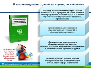 В законе выделены отдельные нормы, посвященные
                               сетевому взаимодействию при реализации
                             образовательных программ, включая механизм
                             зачета результатов освоения отдельных частей
                                образовательной программы в сторонних
                                             организациях



                                    использованию дистанционных
                                    образовательных технологий в
                                      образовательном процессе




                                     обучению по интегрированным
                                     образовательным программам -
                             образовательным и информационным ресурсам
                                  в образовательном процессе и другим
С 1 сентября 2013
 года вступает в
   силу новый
базовый закон об
 образовании в                    регламентированы условия ведения
      России                     экспериментальной и инновационной
                                   деятельности в сфере образования
 